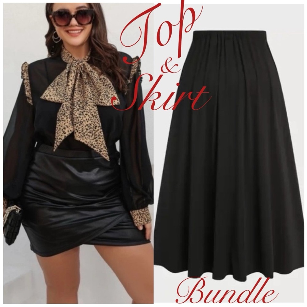 Elegant Black Skirt & Leopard Fashion Blouse